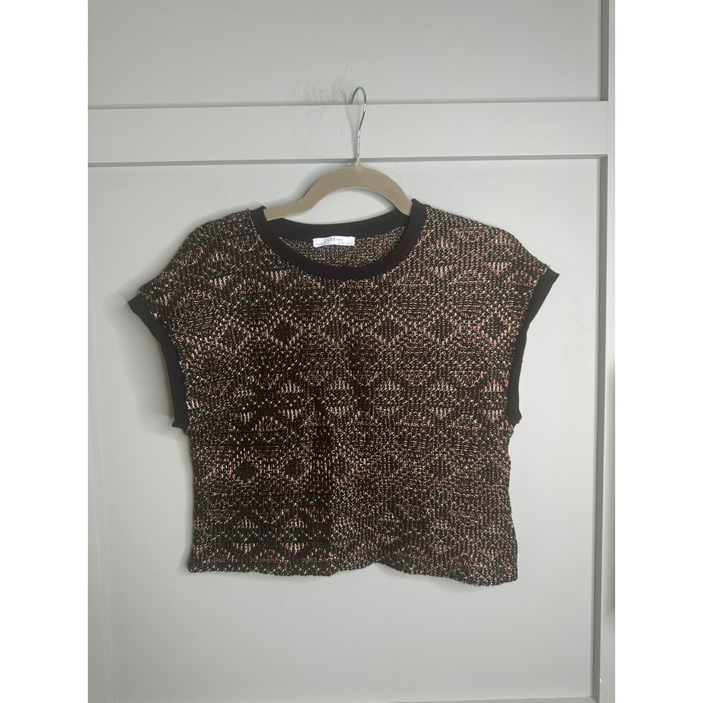 ZARA BASIC Metallic Knit Cap Sleeve Crew Neck‎ Top Women S Black Copper Pink